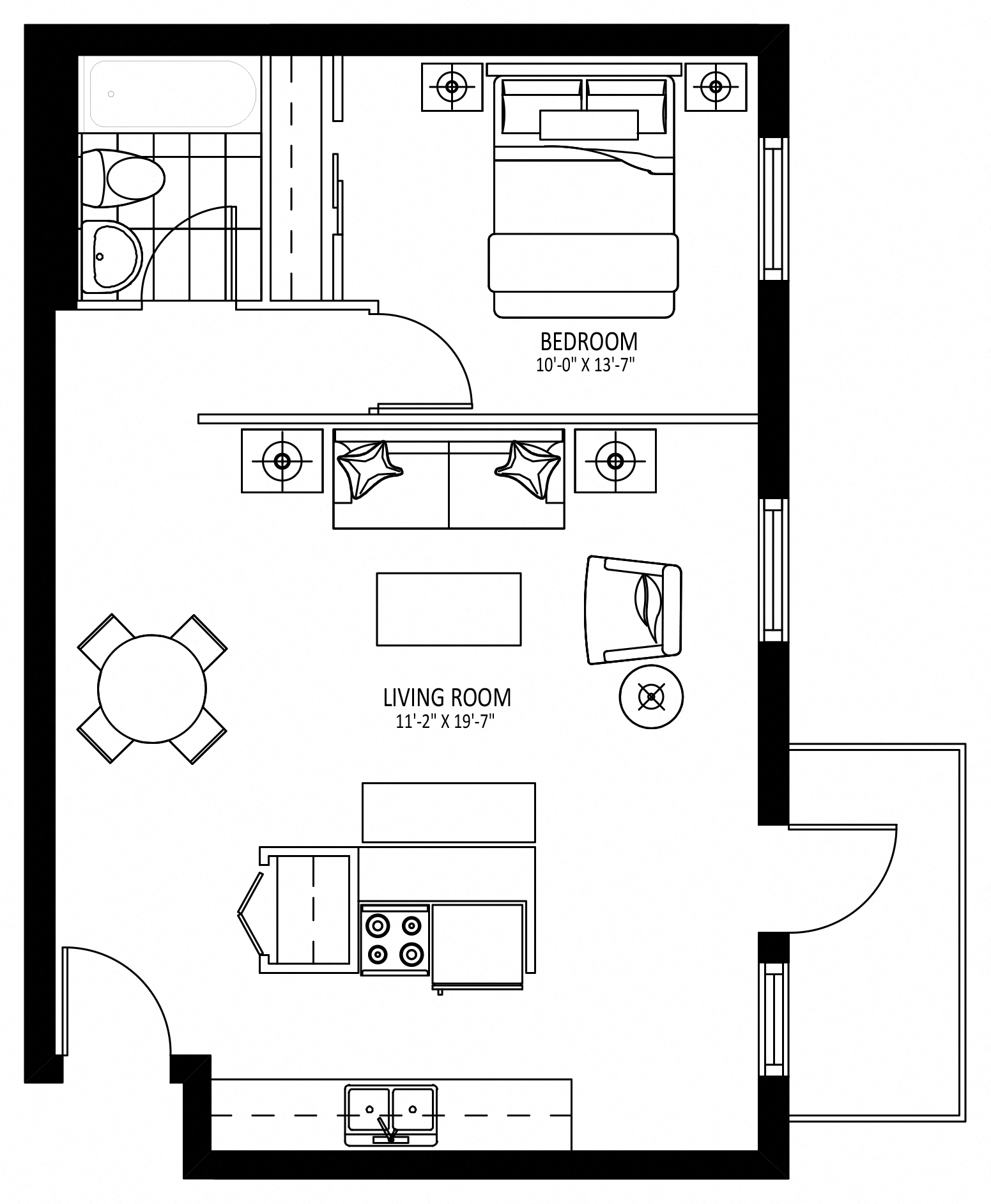 Floor plan for 1 bed, 1 bath, 645 sqft